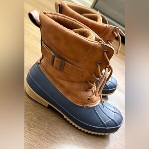 Torrid Cognac/Blue Taupe Faux Leather Faux Fur Trimmed Duck  Women Boot Size 7.5